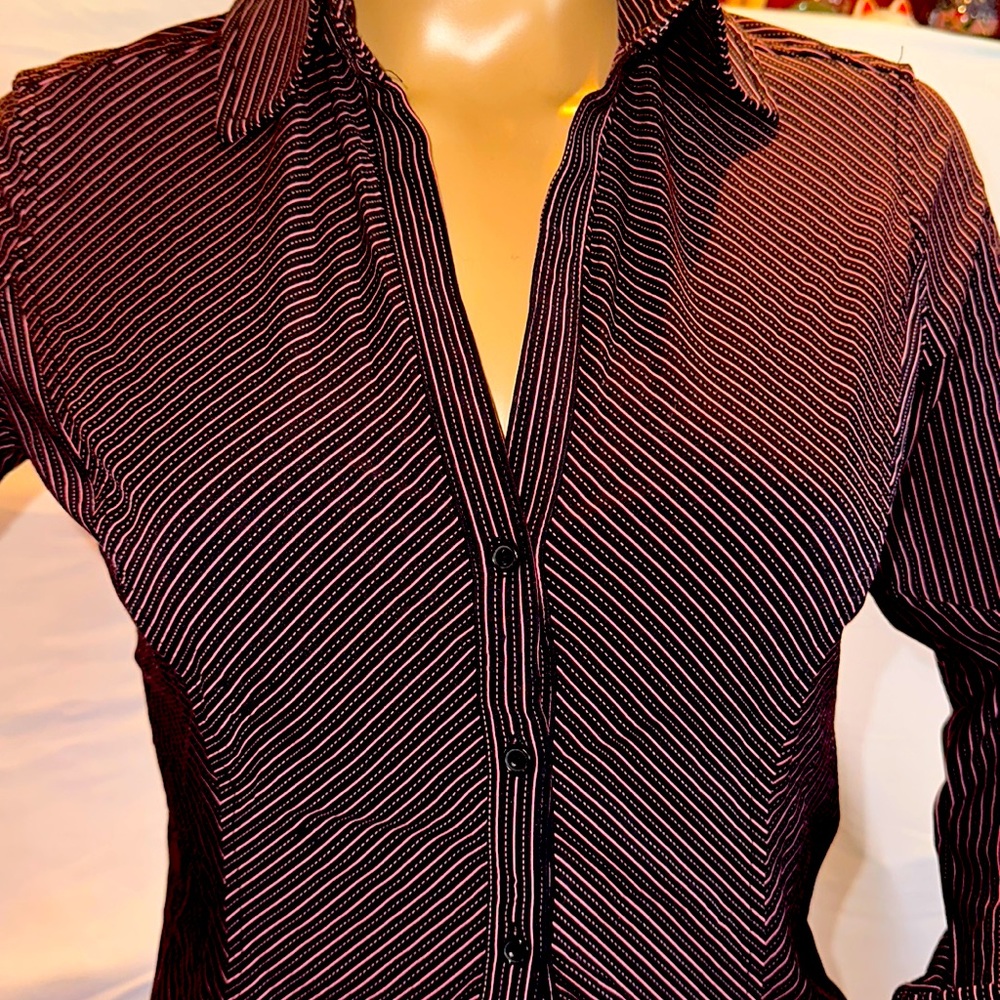 Express Fitted Sexy Feminine Stretch Purple Striped Long Sleeve Office Top - XS